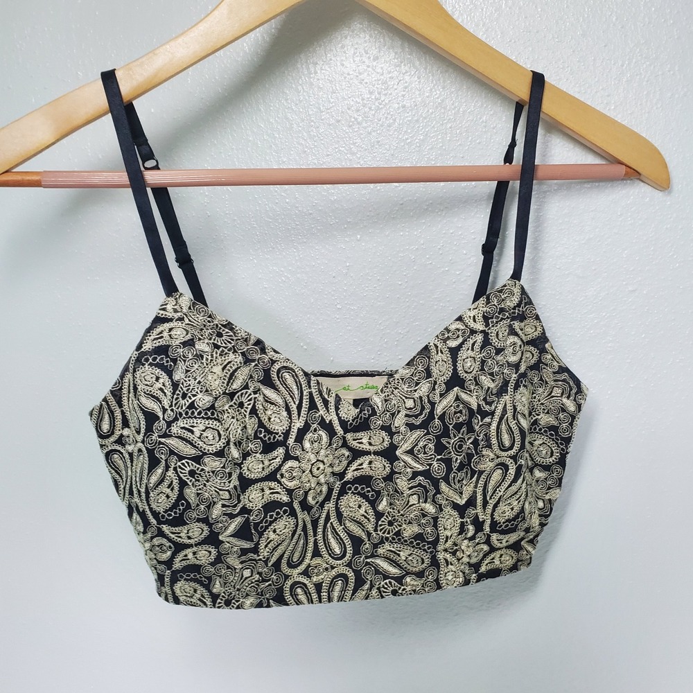 Staring at Stars Black & Gold Paisley Embroidered Cropped Bustier Top XS zipper